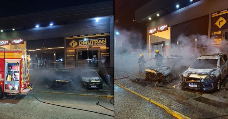 Carros da Guarda Municipal pegam fogo em Bombinhas; incêndio também causou danos ao Departamento de Trânsito