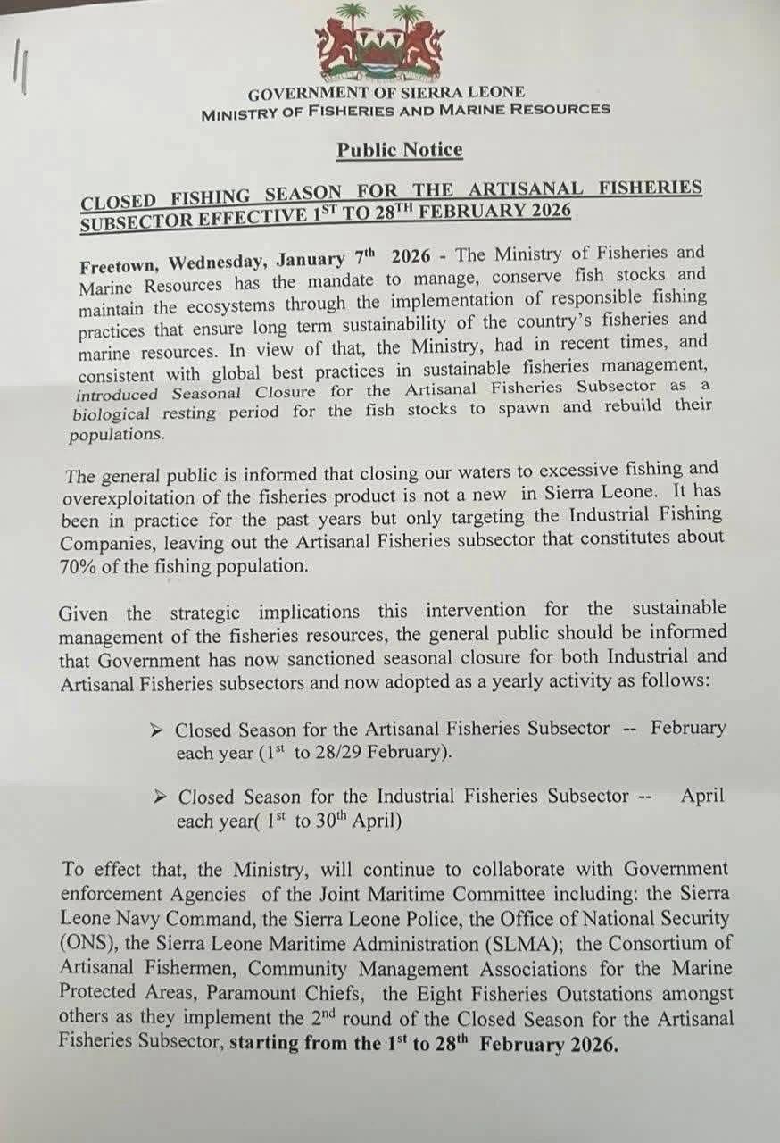 GOVERNMENT ANNOUNCES FEBRUARY FISHING BAN FOR ARTISANAL SECTOR
