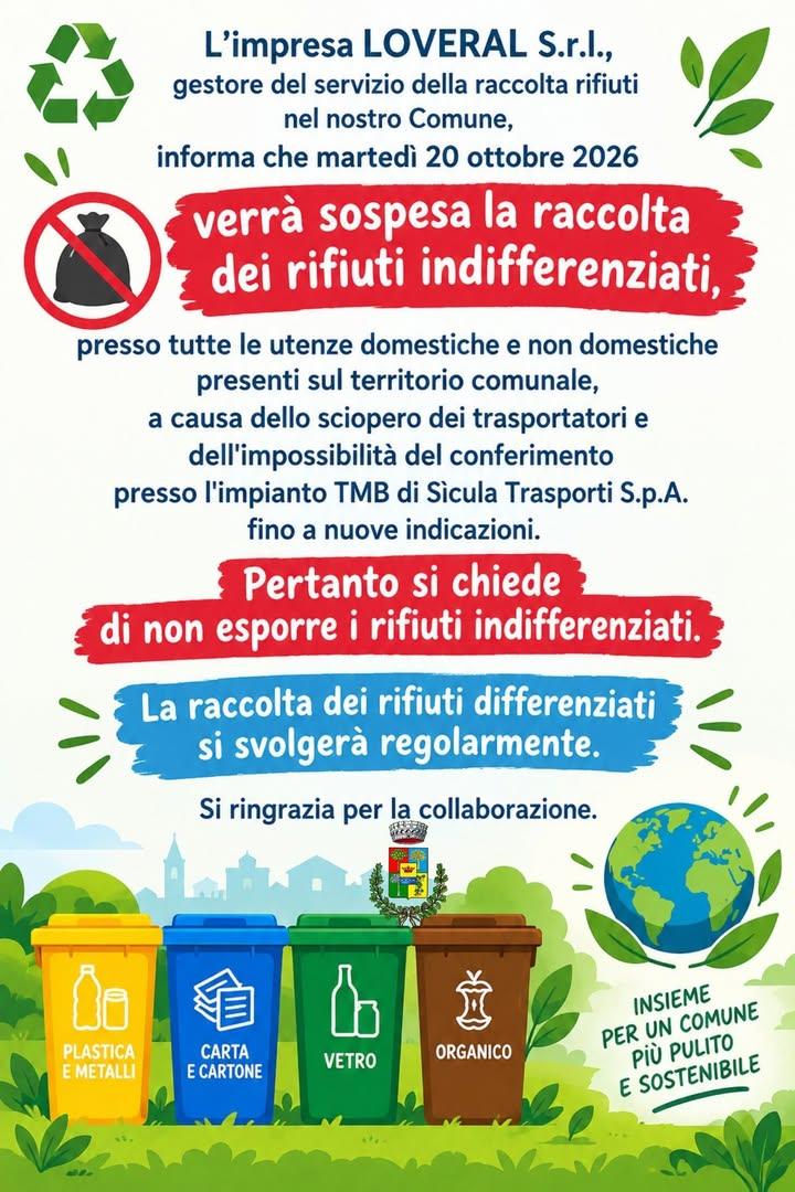 ⚠️⛔️ATTENZIONE DOMANI, 20 OTTOBRE, NON VERRÀ EFFETTUATA LA RACCOLTA DEI RIFIUTI. 📲FATE GIRARE QUESTO AVVISO. Grazie per...