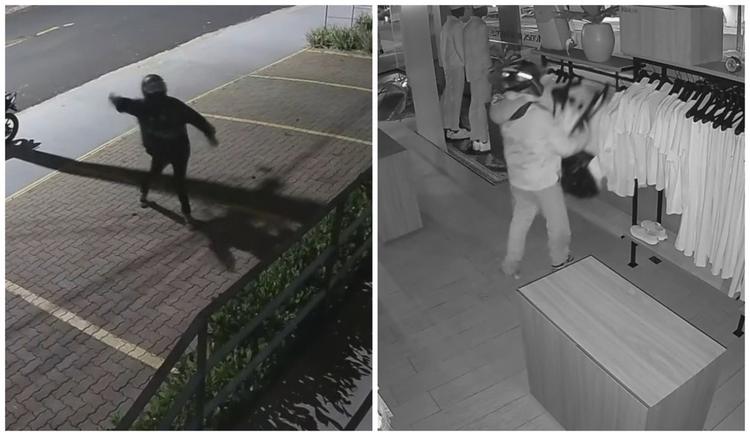 VÍDEO: loja tem prejuízo de R$ 40 mil após dupla quebrar vitrine com pedra e furtar roupas
