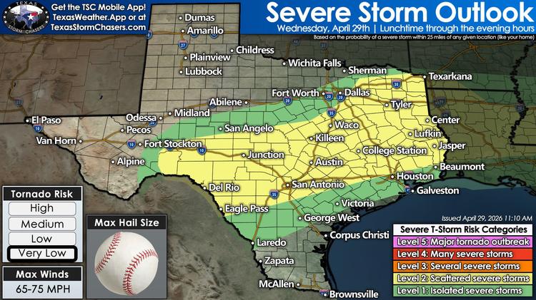 Texas severe storm outlook map for Wednesday, April 29, showing isolated to scattered severe storm risk from Southwest Texas through Central Texas, North Texas, and East Texas.