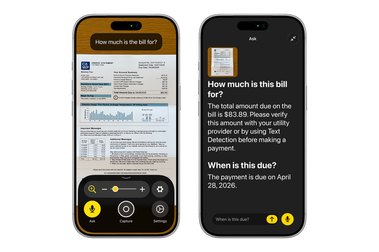 Two phone screens. The screen on the left shows Apple's magnifier app camera, framing a utility bill. The screen on the right shows a chat log with Apple Intelligence. The users asks 