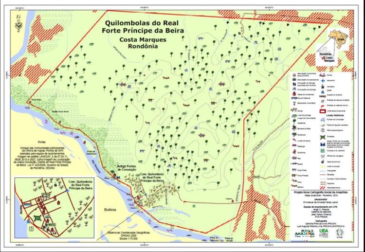 Mapa colorido da Comunidade do Forte Príncipe da Beira, com indicações de diferentes áreas e legenda