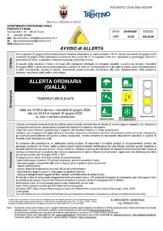 Avviso di allerta gialla per temperature elevate