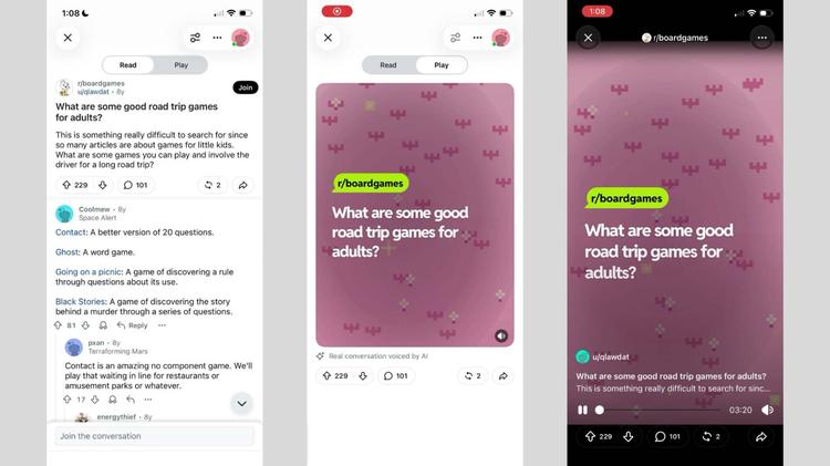 Three screenshots of the AI-generated Reddit video feature on mobile, reading out a post from r/boardgames asking 