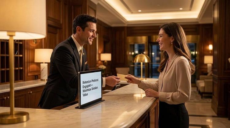 A luxury hotel front desk in warm, golden lighting. A gracious concierge warmly resolves an issue by handing a token of apology to a relieved guest. Positioned on the counter beside the concierge is a sleek, clinical screen displaying the text: ‘Retention Protocol Engaged — Maximize Session Value,’ creating a deliberate visual contrast between human warmth and automated efficiency protocols.