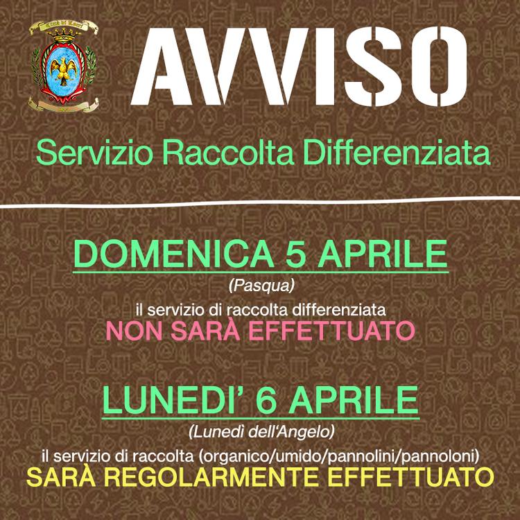 ♻️ AVVISO Raccolta Differenziata ❌ DOMENICA 5️⃣ Aprile il servizio 𝗡𝗢𝗡 𝗦𝗔𝗥𝗔' 𝗘𝗙𝗙𝗘𝗧𝗧𝗨𝗔𝗧𝗢 ✅ LUNEDI' 6️⃣ A...