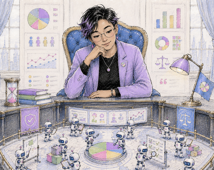 A hand-sketched watercolor illustration depicts a non-binary Asian UX researcher seated behind a large governor-style desk, thoughtfully overseeing a floor of small AI robots carrying out tasks below. Charts, dashboards, governance symbols, and research visuals surround the scene in soft blue, purple, green, yellow, and pink tones, symbolizing human oversight, responsible AI governance, and strategic decision-making.