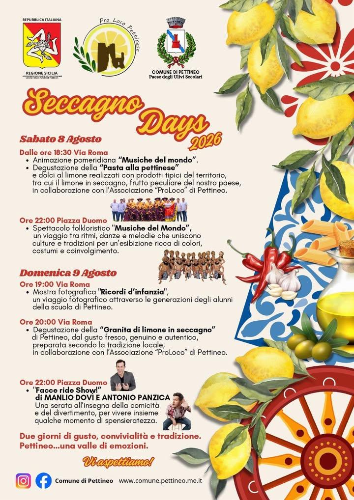 🍋 SECCAGNO DAYS 2026 – DUE GIORNI DI GUSTO, TRADIZIONE E DIVERTIMENTO A PETTINEO! 🍋 Torna l’appuntamento più atteso de...