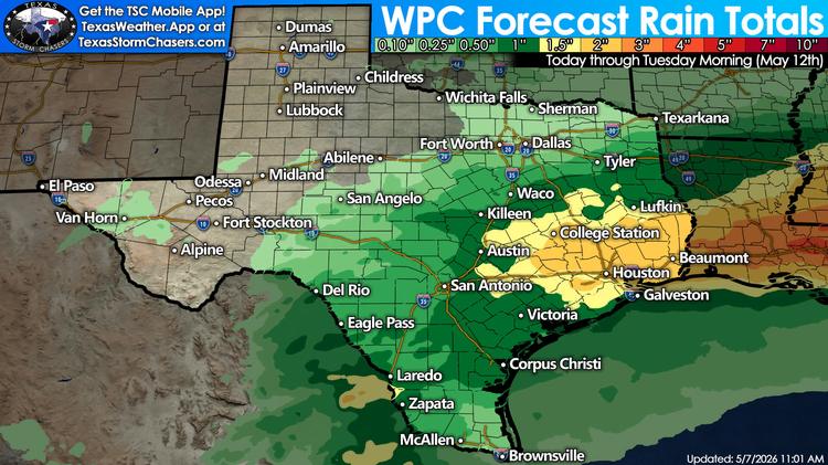 WPC forecast rain totals map for Texas through Tuesday morning, May 12, showing widespread rainfall across Central, East, and Southeast Texas with locally heavier totals near the Upper Texas Coast and East Texas.