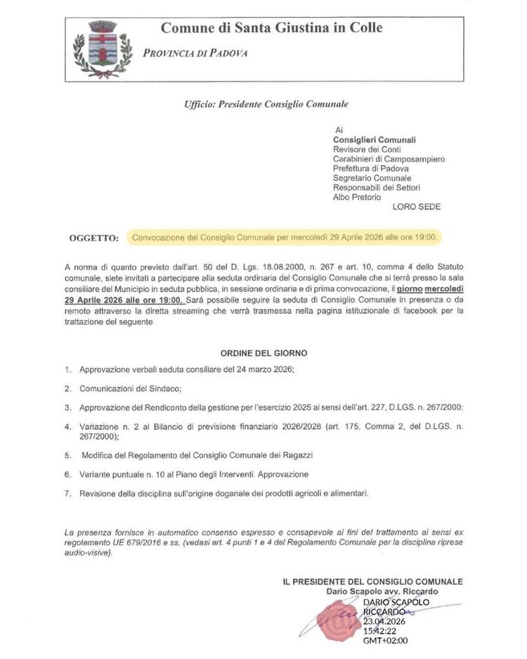 🏫 Si comunica ai cittadini che il prossimo Consiglio Comunale si terrà mercoledì 29 aprile 2026 alle ore 19.00 presso l...