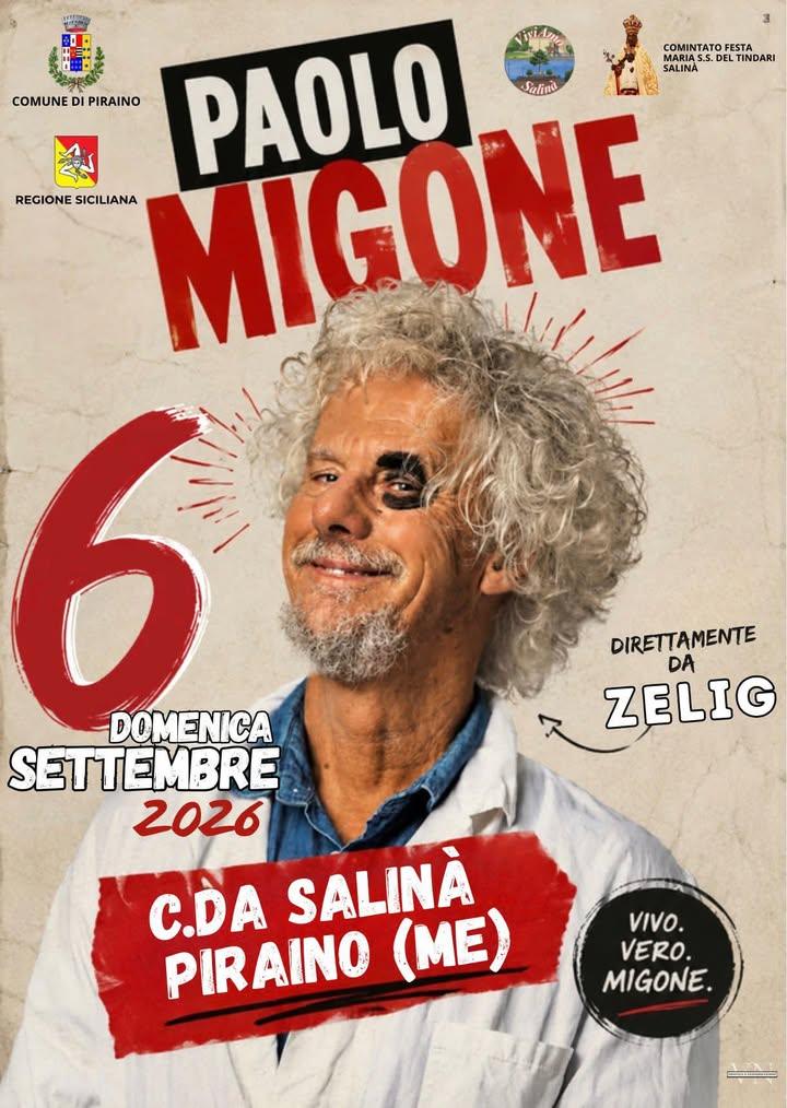 ✨ 𝑷𝒂𝒐𝒍𝒐 𝑴𝒊𝒈𝒐𝒏𝒆 - spettacolo di cabaret 🗓️ 6 settembre 2026 📍Piazza c.da Salinà