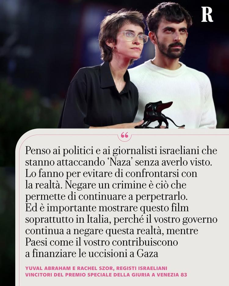 “Grazie ai giurati, siamo davvero grati di essere qui. Non è facile per noi”. Yuval Abraham e Rachel Szor accettano con...