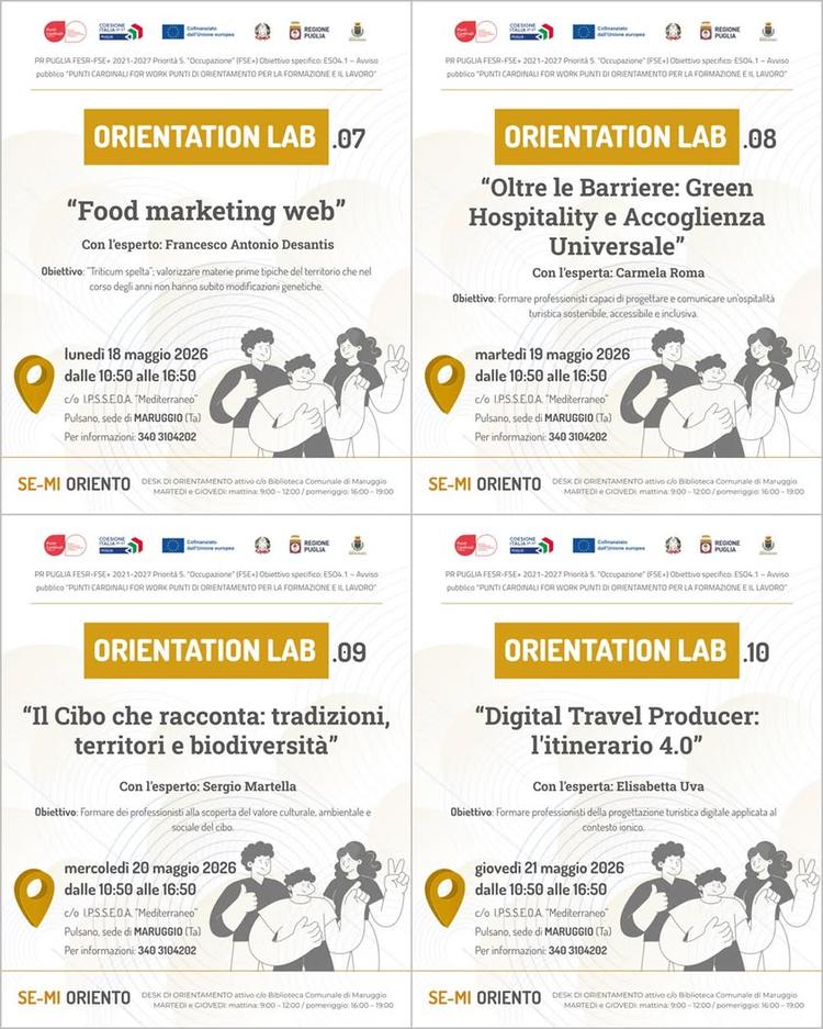 📣 PUNTI CARDINALI FOR WORK - SE-MI ORIENTO - MARUGGIO Nuovi appuntamenti a Maruggio per i laboratori informativi e form...