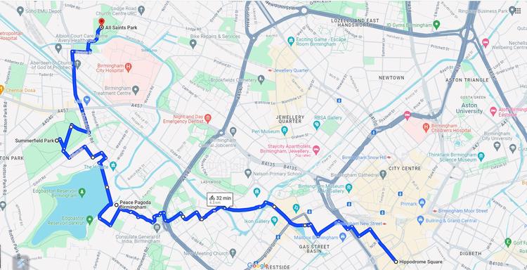 Route overview of the 12.5km Hippodrome Square Edgbaston Cycle