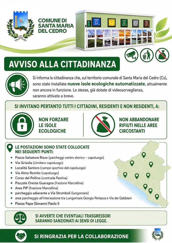 ++ AVVISO ALLA CITTADINANZA ++ Si informa la cittadinanza che, sul territorio comunale di Santa Maria del Cedro (Cs), so...