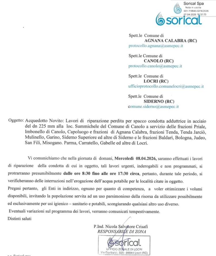 🔴 COMUNICAZIONE Sorical per mercoledì 08 aprile 2026