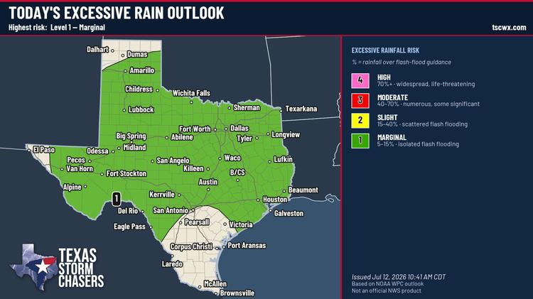 Texas excessive rain outlook for today showing a Level 1 marginal flash flooding risk across much of the state.