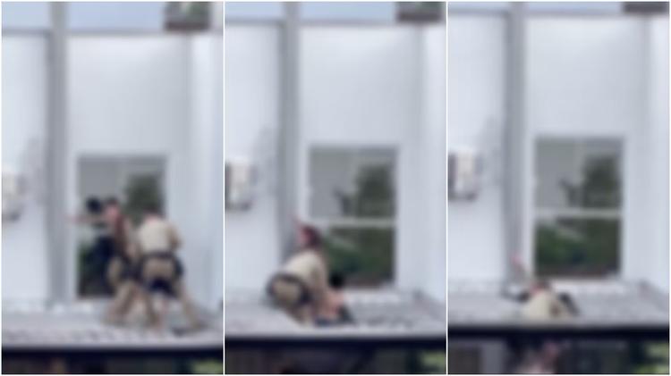 VÍDEO: telhado cede enquanto policiais tentavam conter homem e grupo cai em SC