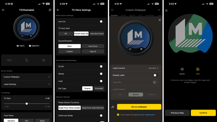 Four screenshots of the Insta360 app interface with the Mic Pro connected, showing its options for recording audio and customising its E-Ink display.