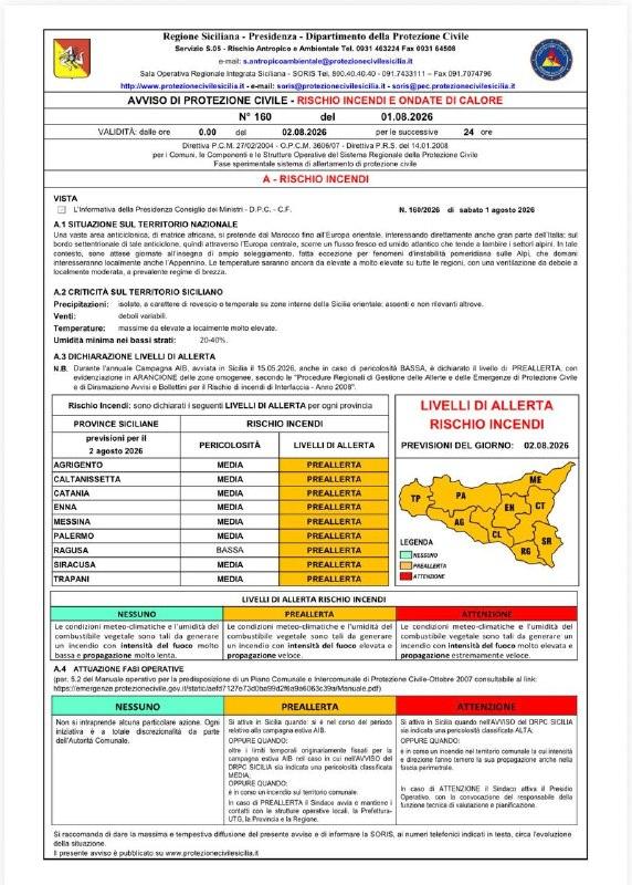 Domenica 02.08.2026 pericolosità incendi MEDIA sulle province di AG, CL, CT, EN, ME, PA, SR, e TP, BASSA sulla provincia...