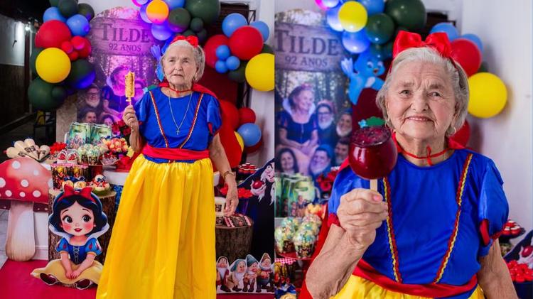 Idosa comemora aniversário de 92 anos como Branca de Neve ao lado dos sete filhos em Natal