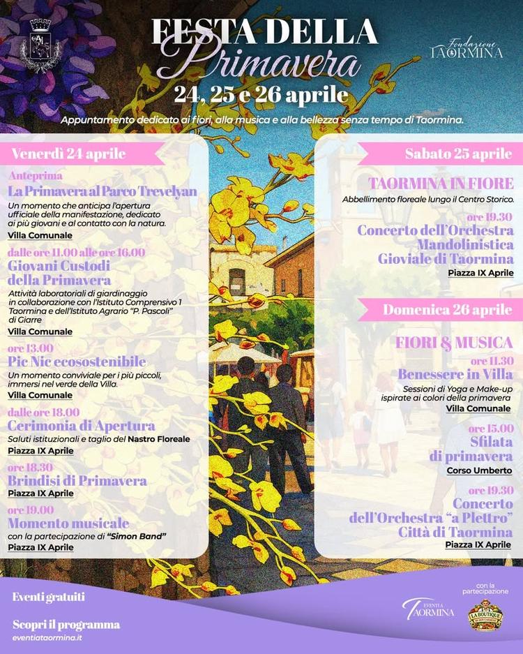 🌸 Taormina celebra la primavera tra fiori, musica e bellezza Dal 24 al 26 aprile, la città si trasforma in un grande pa...