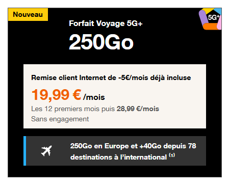 🔗 (clients) Orange, forfait Voyage illimité/250Go à 20€/mois (1 an)