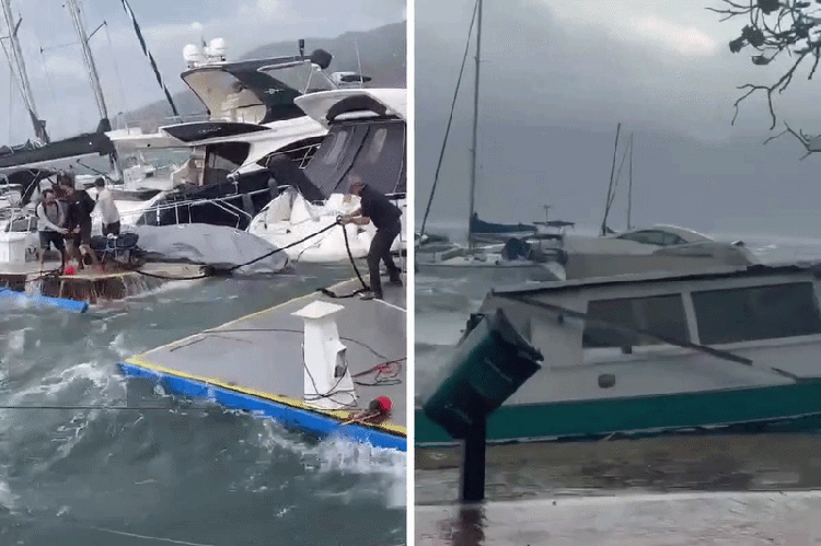 VÍDEO mostra navegantes amarrando lanchas por causa dos fortes ventos em Ilhabela; barcos são arrastados para a costa