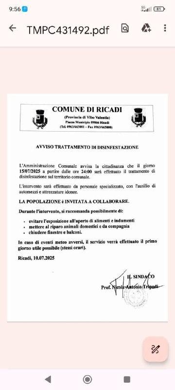 Avviso ‼️ - Disinfestazione prevista per il 15.7.2025 a partire dalle ore 24.00
