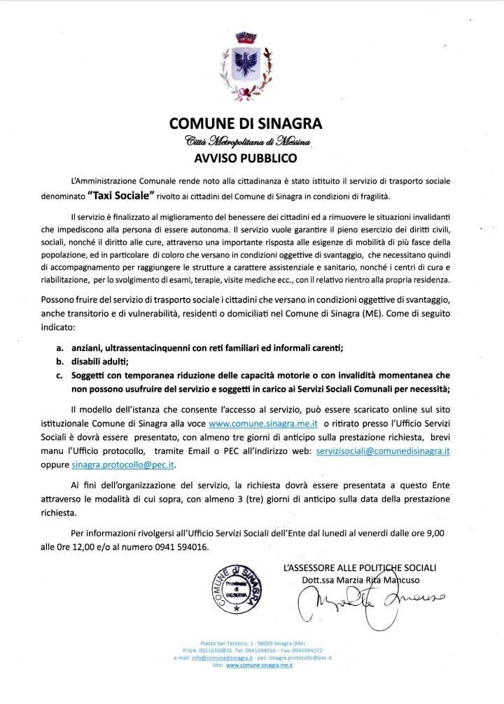 🚕 AVVISO PUBBLICO TAXI SOCIALE 🚕 ▶️ L’Amministrazione Comunale rende noto alla cittadinanza è stato istituito il servi...