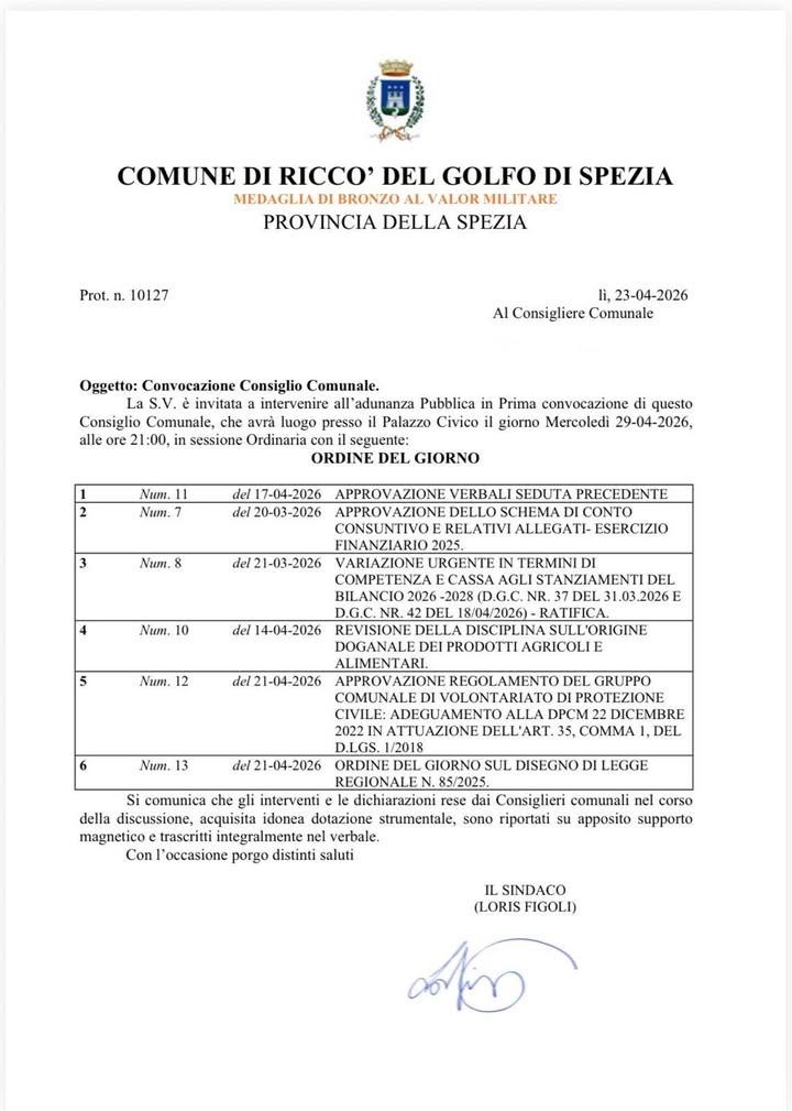 Si ricorda che il CONSIGLIO COMUNALE è convocato per DOMANI 29 aprile alle ore 21 presso il Palazzo Comunale. La cittadi...