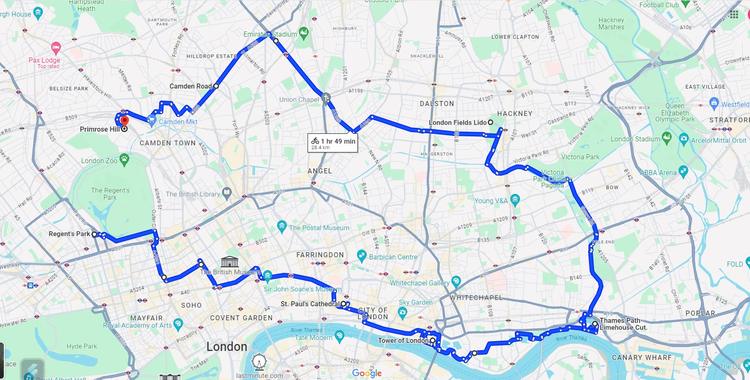 Route overview of the 30.5km Central London Route Cycle