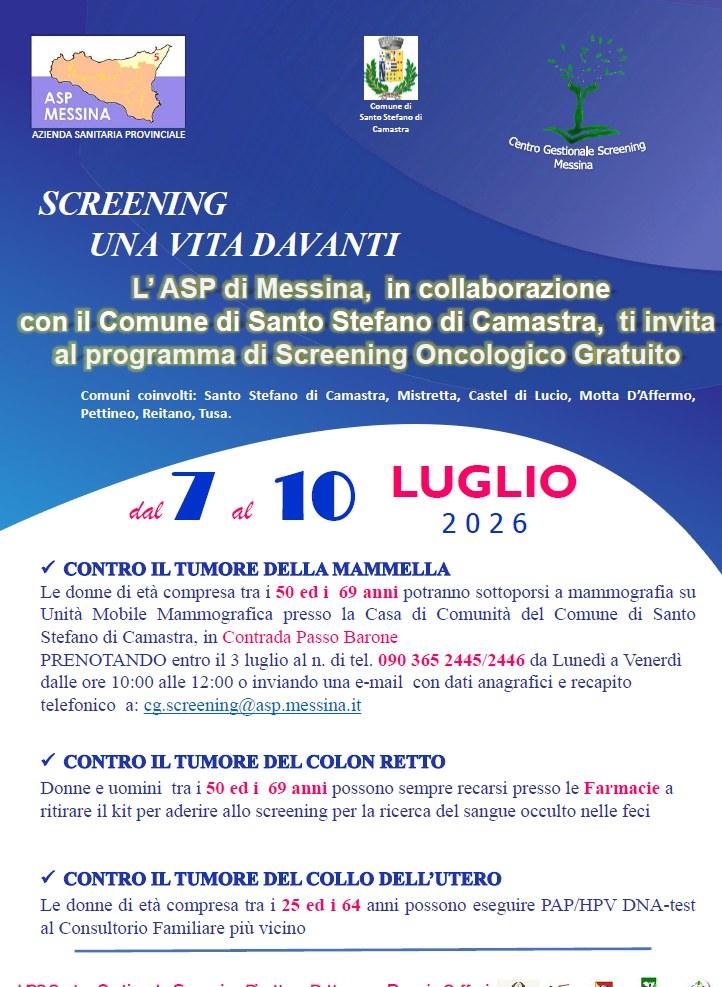 📢 PROGRAMMA DI SCREENING ONCOLOGICO GRATUITO ASP MESSINA Si informa la cittadinanza che l'ASP di Messina promuove una c...