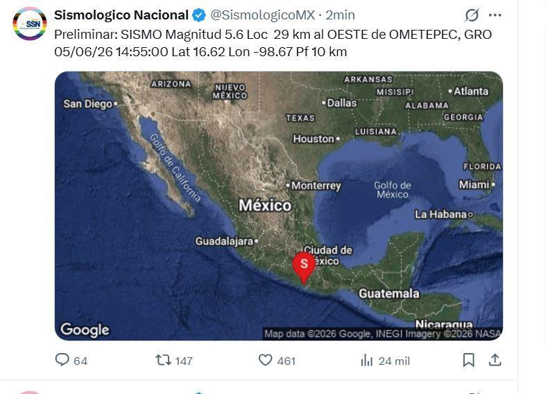 Sismo de Magnitud 5.6 en Ometepec, Guerrero: Perceptible en Morelos, CDMX y Puebla