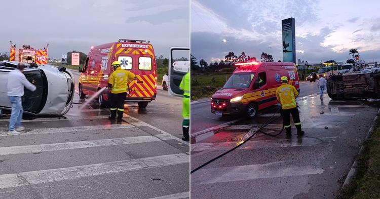 Colisão entre carros termina com veículo tombado e mulher com fratura no cotovelo em Tijucas