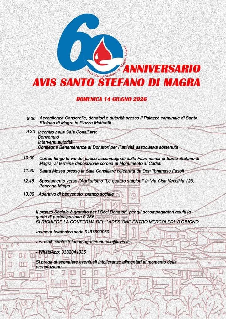Domenica 14 giugno  Sala Consiliare del Palazzo Comunale 60° anniversario di AVIS Santo Stefano di Magra