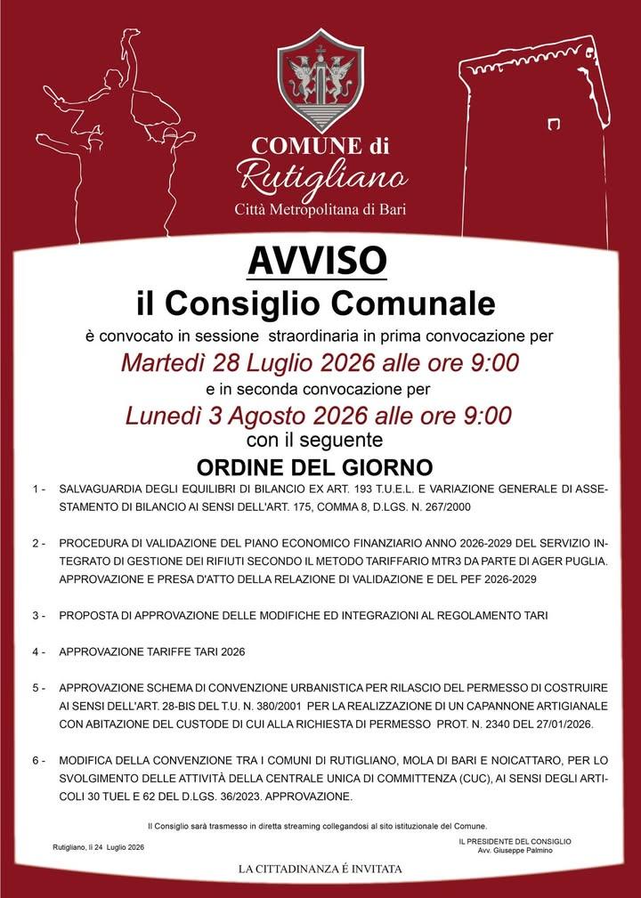 📣 CONVOCAZIONE CONSIGLIO COMUNALE  Il Consiglio Comunale è convocato in sessione straordinaria di Prima in seduta Pubbl...