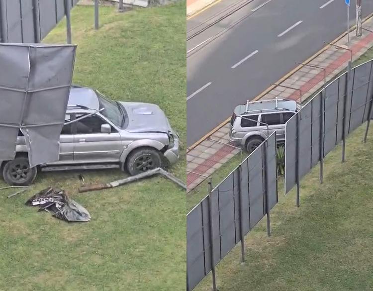 Motorista foge ao destruir placas de publicidade após invadir calçada em Chapecó; VÍDEO