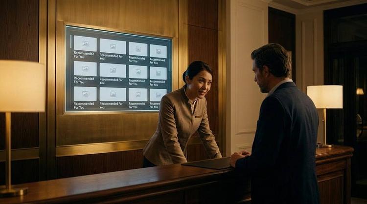 A luxury boutique hotel front desk lit with warm ambient light. A staff member leans over the desk, engaged in a genuine, attentive conversation with a male guest. On the wall behind the desk, a large, elegant screen displays a grid of twelve identical ‘Recommended For You’ image tiles, highlighting the gap between personalized human attention and generic, algorithm-driven recommendations.