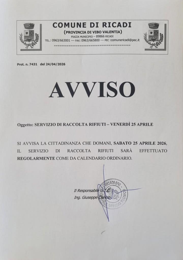 Avviso raccolta rifiuti  Per la data del 25 aprile il servizio di raccolta rifiuti sarà effettuata regolarmente