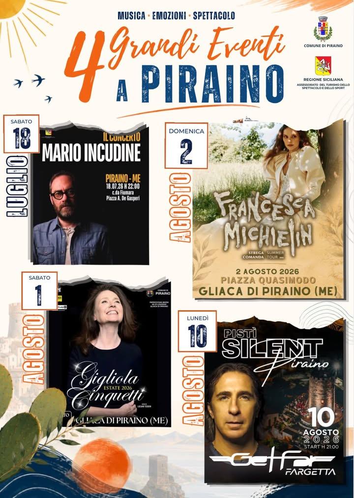 📌Quattro grandi appuntamenti. Un’unica estate da vivere a Piraino! Musica, spettacolo, risate ed emozioni con quattro g...