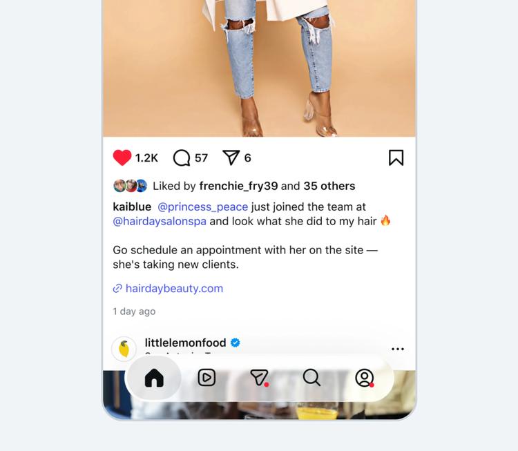 Instagram post demonstrating Meta One’s clickable links feature, with a salon website link beneath a caption encouraging viewers to book an appointment.