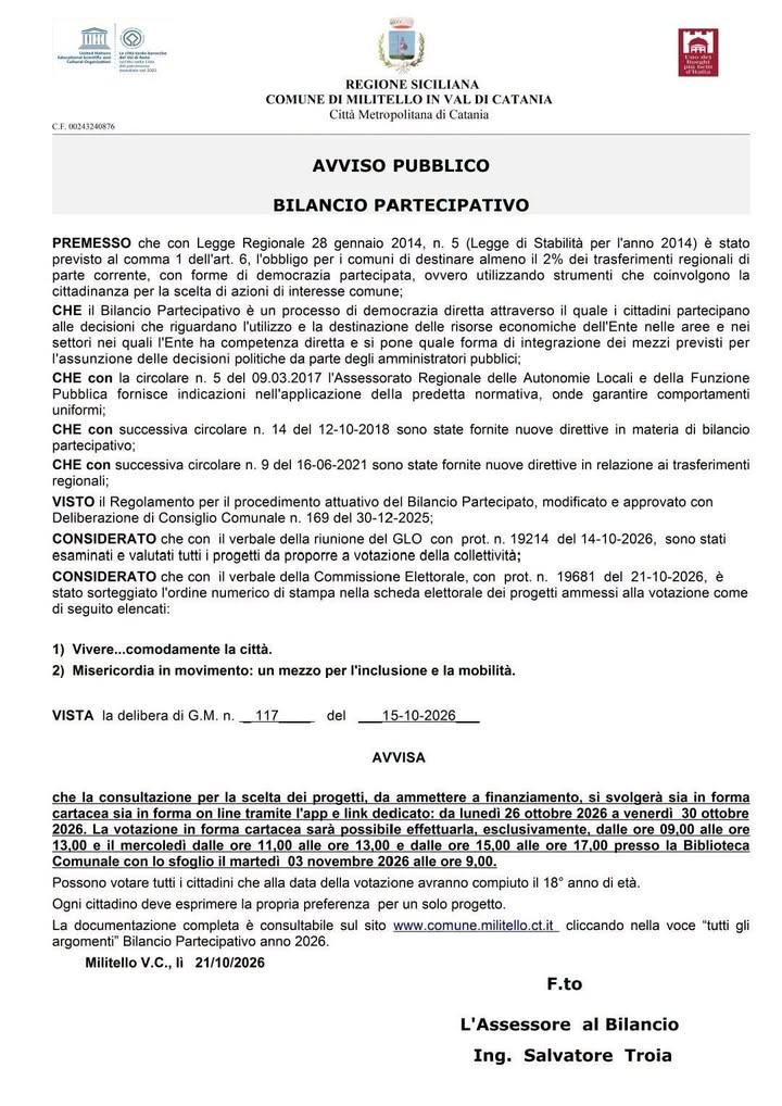 Con la presente news si avvisa la cittadinanza che la consultazione per la scelta dei progetti da ammettere a finanziame...