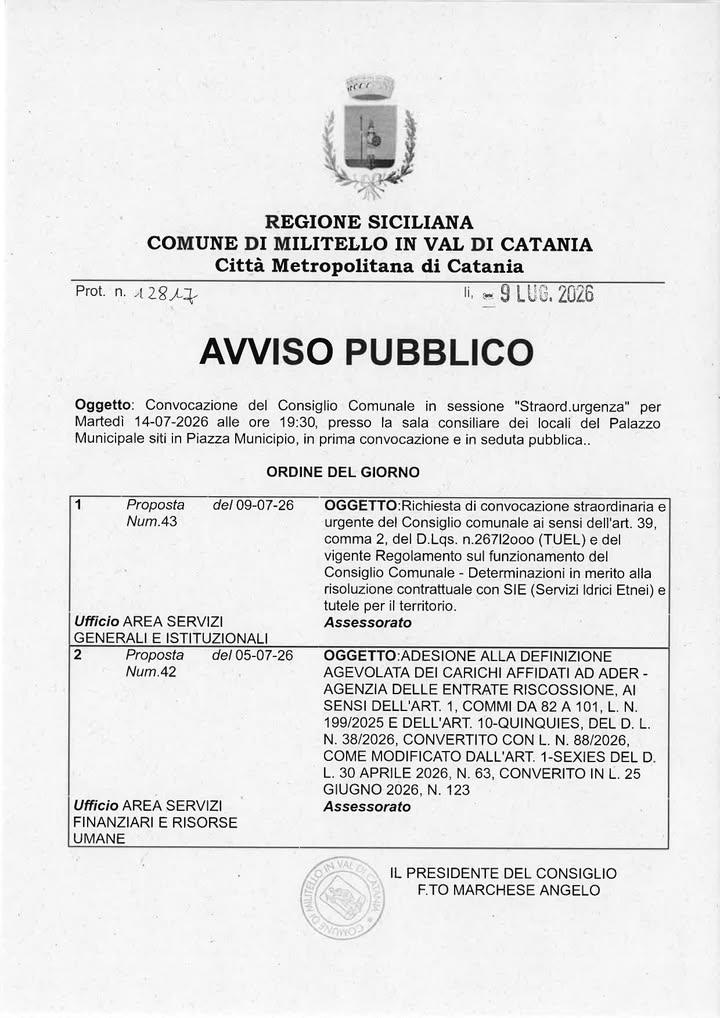 onvocazione del Consiglio Comunale in sessione Straord.urgenza per Martedì 14-07-2026 alle ore 19:30, presso la sala con...