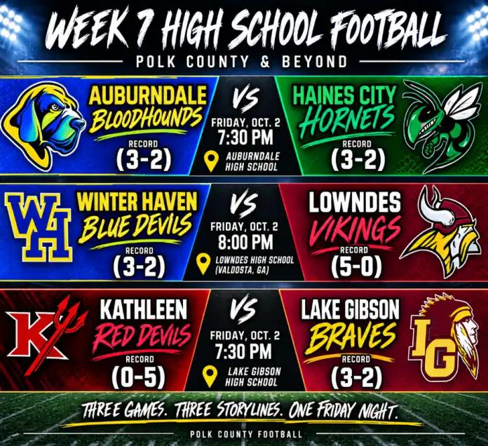 Poster for Week 7 high school football with three matchups: Auburndale Bloodhounds vs Haines City Hornets, Friday Oct. 2, 7:30 PM, at Auburndale HS; Winter Haven Blue Devils vs Lowndes Vikings, 8:00 PM at Lowndes HS; Kathleen Red Devils vs Lake Gibson Braves, 7:30 PM at Lake Gibson HS. Bottom slogan: Three games, three storylines, one Friday night.