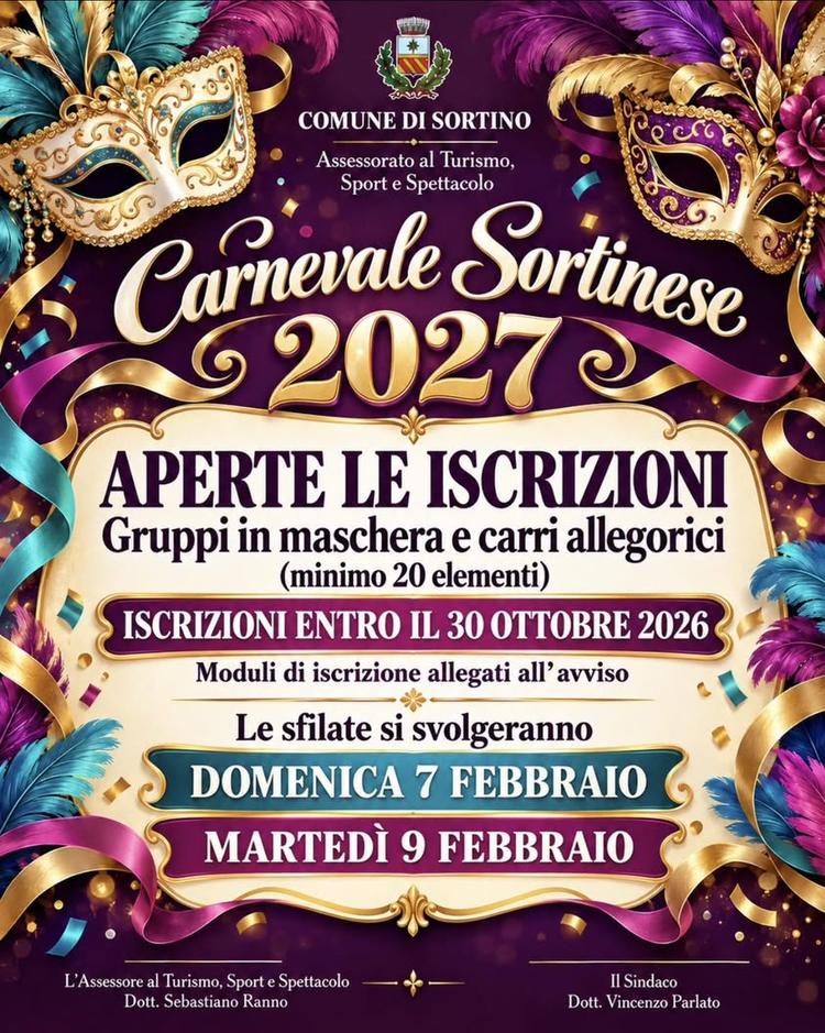 🎭 CARNEVALE SORTINESE 2027 – APERTE LE ISCRIZIONI Sono aperte le iscrizioni per i gruppi in maschera e i carri allegori...
