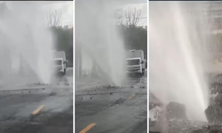 Vazamento forma chafariz em rua do Butantã, Zona Oeste de SP