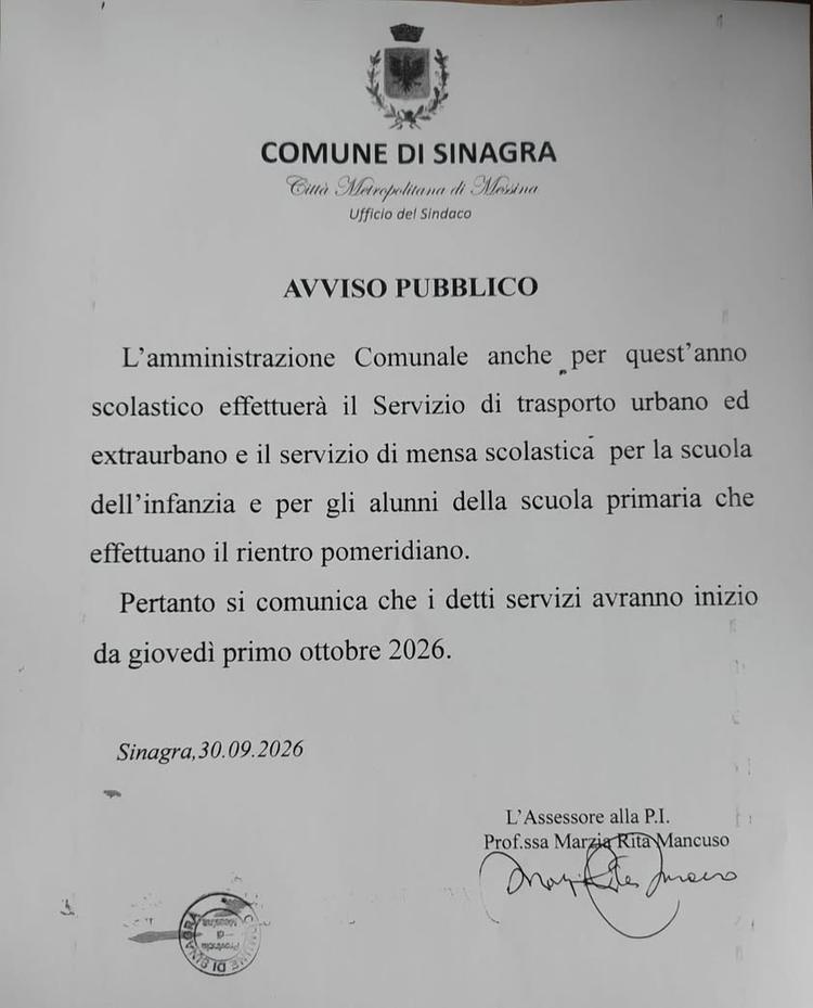 🏫🛺 AVVIO SERVIZIO TRASPORTO URBANO E MENSA SCOLASTICA 🛺🏫 ▶️ L’amministrazione Comunale anche per quest’anno scolasti...