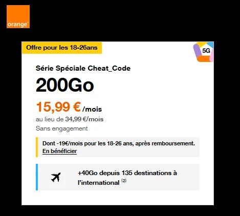 🔖 (18-26 ans) Orange, forfait 5G illimité/200Go à 16€/mois